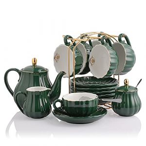 Service à thé en porcelaine de la série Royal britannique, 237 ml - Service pour 6 personnes - Avec théière, sucrier, pichet à crème, cuillères à café et passoire à thé(jade) (Sweejar Home, neuf)