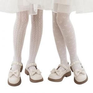 LOLANTA 2 paires de collants résille à motifs pour filles, collants en dentelle ajourée pour fête de carnaval, Fleur/cœur blancs, 5-8 ans, M (LOLANTA, neuf)