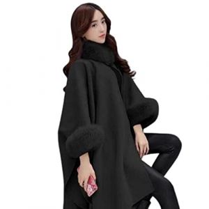SARGE Femmes Cape Manteau Couleur Unie col en Fausse Fourrure Automne Hiver Chaud Ample mi-Long Poncho Manteau (XIANGCHAOBAIHUO, neuf)