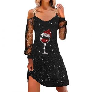 G&eacute;n&eacute;rique Robe Noel Femme Femme Robe De No&euml;l &Agrave; Imprim&eacute; Verre &Agrave; Vin Manche Longue Robe Au Genou D&eacute;contract&eacute;e Robe De F&ecirc;te De Cocktail (liucunwu, neuf)