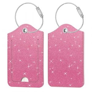 FINTIE &Eacute;tiquette de Bagage en Simili Cuir, [Lot 2] &Eacute;tui d'ID avec C&acirc;ble en Acier Inoxydable et &Eacute;tiquette d'adresse pour Valise de Voyage, Rose Paillet&eacute; (Fintie EU, neuf)