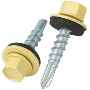 4.8 mm x 35 mm Vis de toiture, tête hexagonale autoperceuse colorée (RAL 1015 Ivoire clair) vis de toit avec rondelle scellée en EPDM, vis à gros filets trempés zingués antirouille (50 pièces) (Keple, neuf)