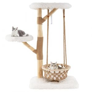 COSTWAY Petit Arbre a Chat 66 cm, Arbre a Chat en Bois d’Poirier, Berceau, Poteaux à Griffer en Jute, 3 Plateformes, Tour pour Chaton à 4 Niveaux, Tissu en Peluche, Coussin Amovible Lavable (FDS GmbH, neuf)