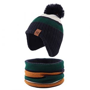 XIAOHAWANG Ray&eacute; Tricot&eacute; B&eacute;b&eacute; Bonnet Hiver Chaud Enfant Chapeau Classique Fille Gar&ccedil;on Bonnets avec Pompom Tout-Petit Chapeaux pour Activit&eacute; de Plain Air(Vert(Chapeau+&eacute;charpe),4 &agrave; 7 Ans) (Xiaohawang Market, neuf)