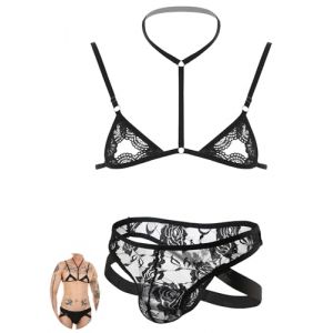 AIEOE Ensemble de Lingerie Sexy pour Crossdresser, Dentelle, Soutien-Gorge et String Sissy, Sous-V&ecirc;tements Creus&eacute;s, Taille S-XL, Noir , XL (QYou, neuf)