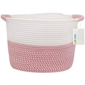OYHOMO Panier en Corde de Coton Pliable Panier de Rangement Tissé Ovale avec Poignée pour Jouets, Couches, Panier à Linge Bébé, Panier de Décoration, 35 x 25 x 25 cm - Blanc&Rose (OYHOMO, neuf)