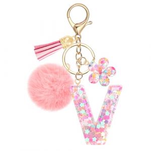 JSRQT Porte-clés Rose avec Initiale V pour Femmes Filles, Nom Porte-clés en Résine Lettres Alphabet à Paillettes et Fleurs, Pompons Pendentifs Bijou de Sac Keychain pour Sac à Main et Sac à Dos (JSRQT-JR, neuf)