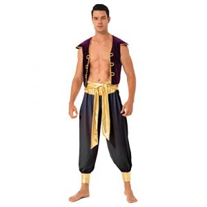 Oyolan Homme Costume Prince Arabe D&eacute;guisement Arabe Roi Pantalon Sarouel et Gilet sans Manches Cosplay Carnaval Halloween F&ecirc;te Tenue F Noir L (Oyolan EU, neuf)