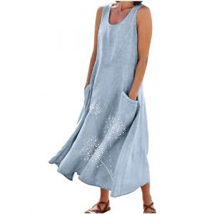 AEGJEGVD Ventes Flash du Jour et Soldes Robe d Ete Femme Coton et Lin Robes D&eacute;contract&eacute; Couleur Unie Robes Chic et Elegant Col V Robe Tunique Femmes Boheme Jupe Dress de Plage Linen Dresses Pas Cher (⭐⭐⭐⭐⭐AEGJEGVD⭐⭐⭐⭐⭐, neuf)