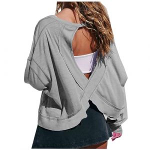 T-shirts &agrave; manches longues pour femmes - Hauts courts d'entra&icirc;nement dos ouvert - Tee-shirts d&eacute;contract&eacute;s l&eacute;gers athl&eacute;tiques gym yoga - T-shirt ample uni dos nu - Haut de course - Hauts de sport (TEGGbep, neuf)