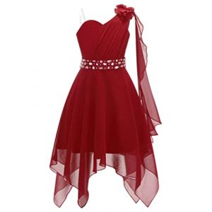 YiZYiF Enfant Fille Robe Princesse Soirée Mariage Cérémonie Strass Une Epaule à Fleur Mousseline Robe Demoiselle d'honneur Bal Fête 5-16 Ans Bordeaux 11-12 Ans (Shifang, neuf)