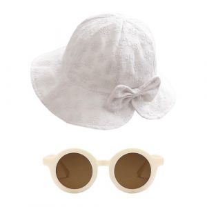ZGDEIWGF 1 chapeau de soleil pour tout-petits, 1 paire de lunettes de soleil, chapeau de soleil avec n&oelig;ud pour filles, chapeau de p&ecirc;cheur pour tout-petits, bonnet pliable pour b&eacute;b&eacute;, blanc, taille (FRANCIS LYTTLE, neuf)