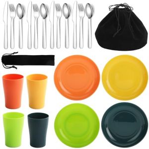 Evanda Ustensiles de Cuisine de Camping 20 pi&egrave;ces, Tasse l&eacute;g&egrave;re r&eacute;utilisable, Assiette et Couverts en Acier Inoxydable avec Sac Noir, pour Le Camping &agrave; 4 Personnes, Lavable au Lave-Vaisselle (Shenzhenshi Yiwangda Jiajuyongpin Youxiangongsi, neuf)