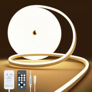 NELUX Neon Ruban LED Exterieur 5m, Bande Lumineuse LED Etanche Blanc Chaud 2700K, Bandeau N&eacute;on Tube Flexible Murale, Enseigne Lumineux Decoration Chambre. Comprend T&eacute;l&eacute;commande et Alimentation 24V (FRILAP, neuf)