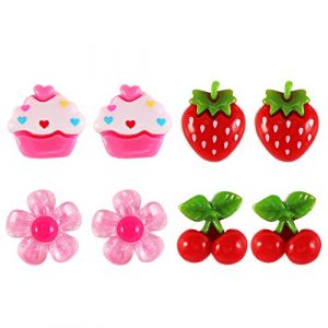 NUOBESTY Clip de Fille Boucles d'oreilles décoratif Belle Princesse Semblant Jouet Oreille Clip Oreille décoration faveur 4 Paires (Fraise + Cerise + Fleur + crème glacée Chaque Paire) (Camplos, neuf)