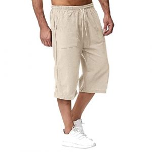 Panta Court Homme été, 2025 Short Lin et Bermuda Homme 3/4 Long D'Été Pantacourt Coton, pour La Plage, Le Yoga, Le Jogging, Pantalon Taille Elastique Décontracté Beige XXL (VAN MIA, neuf)