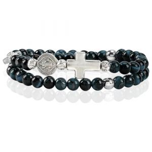 SHIEAGLELD Bracelet Oeil de Tigre Homme, Bracelets Chapelet Rose, Bracelet Homme Catholique Avec Croix M&eacute;daille et St Beno&icirc;t, Pierre Naturelle H&eacute;matite Bracelets pour P&egrave;res, Maris et Gar&ccedil;ons, Bleu (YeomanTech DE, neuf)