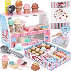 Jouets de Crème Glacée en Bois pour Enfant, Glacier Jeu Accessoires de Cuisine avec Jouets Aliments Argent pour Jouer, Marchande en Bois Jeu Éducatif Cadeaux pour Fille 3 4 5 6 Ans (Atoylink EU, neuf)