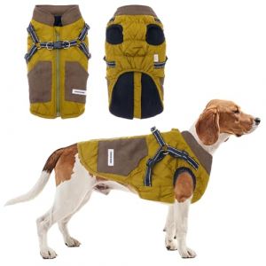 TOPSOSO Veste pour Chien, Manteau d'Hiver avec Harnais, Poches, Bandes R&eacute;fl&eacute;chissantes, Fermeture &Eacute;clair, Gilet Patchwork &agrave; la Mode pour Petits Chiens (Vert Moutarde L) (Nolausa, neuf)