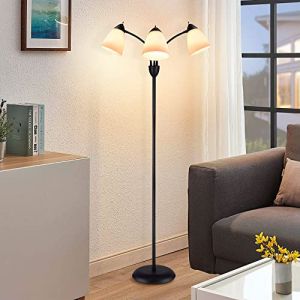 Depuley Lampadaire Sur Pied Salon de 3 Têtes, Lampadaire LED Lumières Chaud, 3 Lumières avec Lampe Réglable&Flexible Hauteur165cm, Abat-Jour Blanc en Métal Noir, Ampoule E27*3 NON Inclus (Vance Europe, neuf)