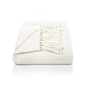 Gräfenstayn Premium Couvre-lit avec Franges - 100% Coton - 180 x 240 cm, Couverture d'été à Chevrons en Coton pour Le lit et Le canapé, Couvre-canapé & Couverture de canapé (Crème) (Torrex24, neuf)