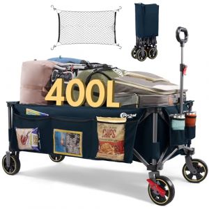 PORTAL Chariot de Plage Pliable, 400L 160KG Plage tr&egrave;s Long Chariot &agrave; roulettes avec Filets Anti-Chute Frein Tout Terrain Poign&eacute;e R&eacute;glable Charrette pour Ext&eacute;rieur Camping Pique-Nique (Portal Outdoors, neuf)