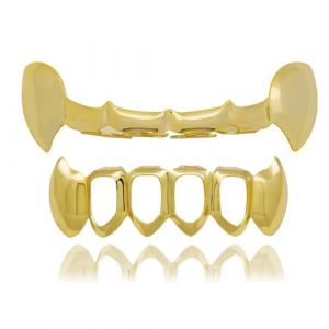 LONGHAO 2 pcs Dents de Hip-Hop,Grilles de Dents de Hip-hop,Ensemble de Dents Style Hip Hop Grillz,Accessories Hip-Hop,avec 2 Barres de Moulage en Silicone de Qualité Alimentaire (Or 3) (Anpaeony, neuf)