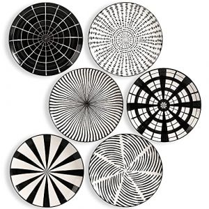 Assiettes Plates Porcelaine Noir - Grande Assiette Plate Ceramique de Table - Assiettes Design Moderne à Dîner - Lot de 6 Assiette Noire et Blanc 25 cm - Passe au Lave Vaisselle et Micro Onde (AHX-EU, neuf)