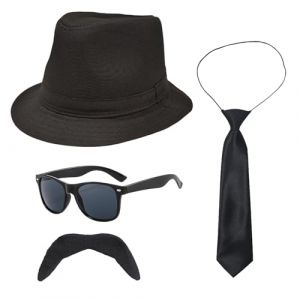 UILYNIU 4 Pièces Costume de Chef de la Mafia des Années 20, Accessoire 1920 Homme Chapeau Gangster Lunettes Cravate Moustache, Chapeau Panama Homme Gangster Halloween Déco pour Fête à Thème (Noir) (XIMO EU, neuf)