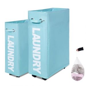 Caroeas Panier à Linge 70L avec Roulettes, Pliable et Étroit, Grande Capacité, Bac de Rangement sur Roues pour Petit Espace，Bleu clair (Kailuo Europe, neuf)