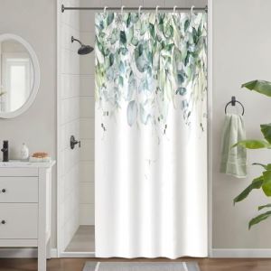 Uiiooazy Rideau Douche Anti Moisissure, Rideau de Douche &Eacute;troit 90x180cm Vert Feuilles d'eucalyptus Bleu Aquarelle Petit Rideaux de Baignoire Tissu Lavable Imperm&eacute;able Rideaux de Bain avec 6 Crochets (dongguibinjingpinxiaodianpu, neuf)
