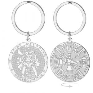 EUEAVAN Porte-cl&eacute;s Saint Florian pour hommes Patron M&eacute;daille double face Saint Pompier Amulette religieuse Cadeau catholique Accessoires pour pompiers (argent) (EUEAVAN, neuf)