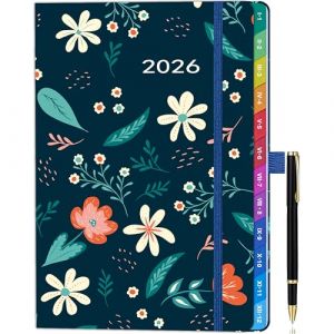 Agenda semainier A5 2026 – de janvier à décembre – Bleu minuit, motif floral, onglets mensuels colorés, porte-stylo élastique, 2 marque-pages, boucle stylo, pochette intérieure. (ZT BenYu, neuf)
