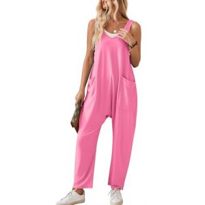 Combinaison d&eacute;contract&eacute;e en tricot c&ocirc;tel&eacute; pour femmes Salopette sans manches unie Salopette &agrave; bretelles avec poches Salopette Combishort Pantalon &agrave; bretelles &agrave; jambe large Pantalon rose XL (QINGYUEEU, neuf)