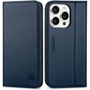 Shieldon Coque pour iPhone 16 Pro 5G, Etui Cuir Véritable Portefeuille de Cartes [RFID Blocage] Support Protection Maximale Housse Compatible avec iPhone 16 Pro (6,3 Pouces 2024) - Bleu Marine (TG-Global FR, neuf)