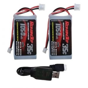 RoaringTop Batterie Lipo 2S 1050mAh 7.4V 35C Lipo Batterie avec PH 2.0 Plug pour S&eacute;rie de Voiture de T&eacute;l&eacute;commande SCX24 et Voiture de T&eacute;l&eacute;commande &agrave; l'&eacute;chelle 1/18, 1/24 avec 1 Chargeur USB (Eps Brand, neuf)