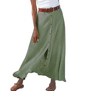 Jupe Mi-Longue Trapèze Femme Coton à Taille Élastique Décontractée Jupe Plissée Boutonnée sur Devant Jupes pour Printemps et été décontractée Ample Couleur Unie Jupes trapèze avec Poches Taille (Kincool, neuf)