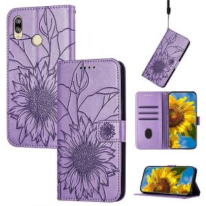 SATURCASE Coque pour Huawei Y6 2019/Y6S 2019, tournesol gaufré en cuir PU, fermeture aimantée, portefeuille, fentes pour cartes, dragonne, housse de protection pour Huawei Y6 2019/Y6S 2019 (lavande) (SATURCASE-EU, neuf)