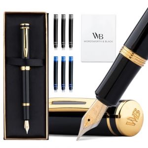 Wordsworth and Black Fountain Pen Mini EDC Stylo de Poche Noir, Or, Plume Moyenne, 6 Cartouches d’Encre, Convertisseur d’Encre, Coffret Cadeau Stylo Rechargeable, Hommes & Femmes (Wordsworth & Bläck, neuf)