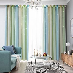 ZJXSNEH Enfants Rideaux en Tissu Princesse Rideaux pour Salon étoiles Creuses fenêtre Rideau occultant Rideau Chambre Ombre Barres Jaunes et Bleu-Arc-en-Ciel (Largeur x Haute) L100cm x H120cm x 1PC (ZJXSNEH, neuf)
