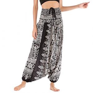 Nuofengkudu Femme Hippie Sarouel Combinaison Pantalon Jumpsuit Taille Haute Large Boheme Fleuri Imprimé Leger Grande Thai Yoga Pants Coloré Ete Plage(Noir Poisson,Taille Unique) (better Life, neuf)