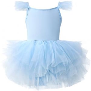AIEOE Fille Robe de Ballet Danse Tutu Justaucorps Robe Danse Tutu Tulle Enfant Manche &agrave; Volants (Entrejambe avec Bouton) 4-6 Ans Bleu B (HIGENL, neuf)