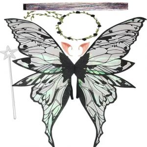 Jiahuade Ailes de F&eacute;e,Ailes de Papillon,Ailes de F&eacute;e Adulte, Oreilles d'Elfe,Bandeau de F&eacute;e Et Baguettes de F&eacute;e &Eacute;toile, Cosplay, F&ecirc;te d'anniversaire,Costume d'Aile pour Carnaval ou Soir&eacute;es (Noir) (Jiahuade, neuf)