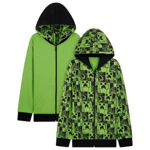 Minecraft Sweats &agrave; Capuche Gar&ccedil;on Hoodie Sweat Zipp&eacute; R&eacute;versible &agrave; Capuche Pull Enfant Ado Gamer Veste Zipp&eacute;e 5-14 Ans (Vert, 13-14 Ans) (Get Trend., neuf)