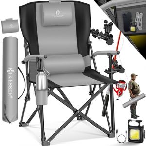 KESSER® Chaise de camping pliable jusqu'à 160 kg, Chaise de pêche pliante rembourrée avec accoudoirs, Lampe de camping et porte-gobelet + sac à dossier haut, Chaise de plage avec support de pêche (WMK Trading GmbH, neuf)