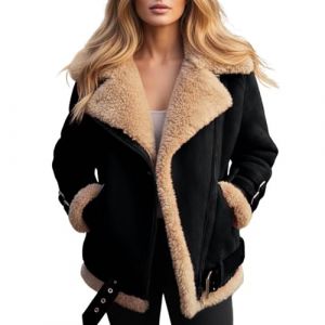 Manteaux Femme d'hiver Blouson Daim Simili Mouton Imitation Veste Chaude Retro Moto Manteau Grande Taille Veste Femme Mi Saison Doudoune avec Poches Et Zipp&eacute; (YUYUEJUE, neuf)