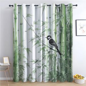 Rideau Occultant &agrave; Oeillets Motif Bambou et Oiseaux - Isolant Thermique pour Salon Chambre, Lot de 2 Draperies Int&eacute;rieur 140x220cm LxH (yongruifangzhi, neuf)