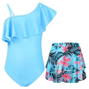 JiAmy Maillot de Bain Une pi&egrave;ce pour Fille Maillot de Bain Une &eacute;paule &agrave; Volants avec Jupe Protection Solaire UV Maillot de Bain Floral pour Fille 5-6 Ans (JiAmy-EU, neuf)