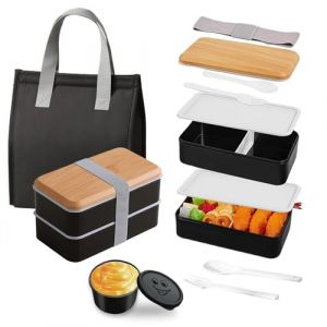 Aiuuee Lunch Box Kit, 1400ML Boite Repas avec 7.5L Sac Isotherme Repas et Couverts, Bento Lunch Box Isotherme, Lunchbox Micro Ondable, Boite Bento Box Travail Pique Nique &Eacute;cole Adulte Enfant (Noir) (JIQIAN, neuf)