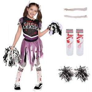 MxsFrundel 8 Pi&egrave;ces Costume Pompom Girl Zombie(4 Tailles,Hauteur 110-164cm) Deguisement Halloween Enfant Fille Zombie,Lncontournable Halloween (Taille M:Hauteur 122-140cm,8-10 Ans) (YTTRIUM CREST LIMITED, neuf)